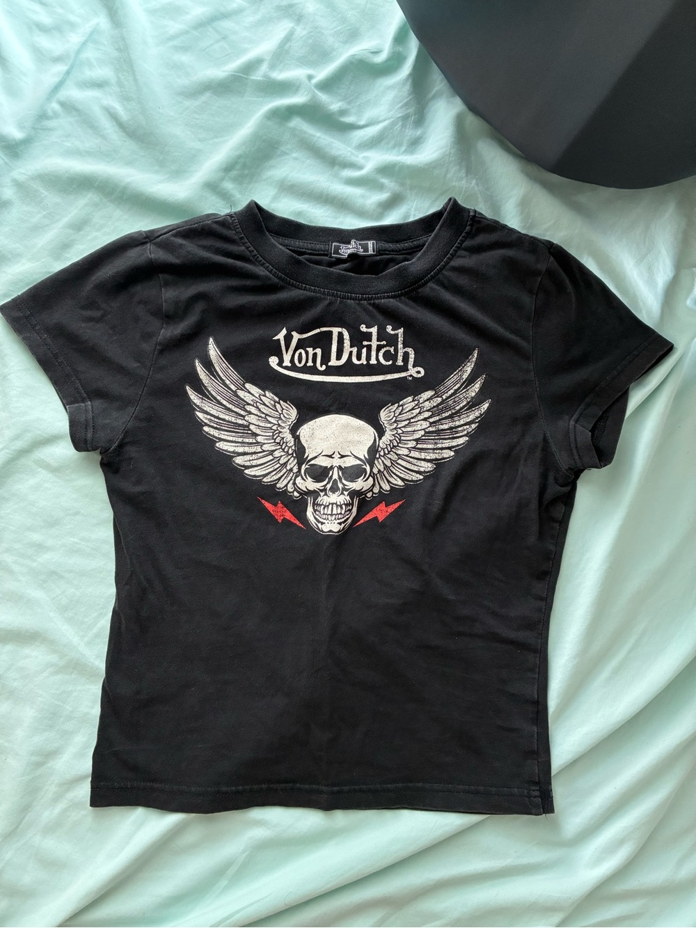 Von Dutch Black Tee with Winged Skull Graphic and Red Lightning